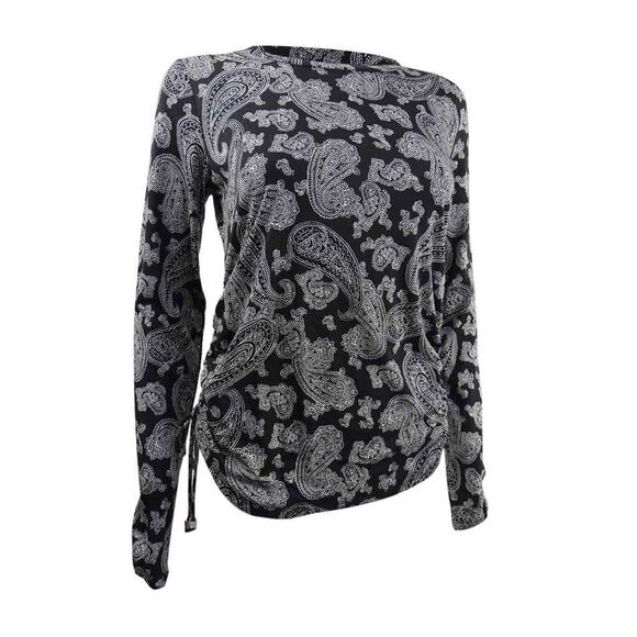 MICHAEL Michael Kors Women's Printed Ruched T-Shirt (XS, Black/Bone) - Picture 1 of 3